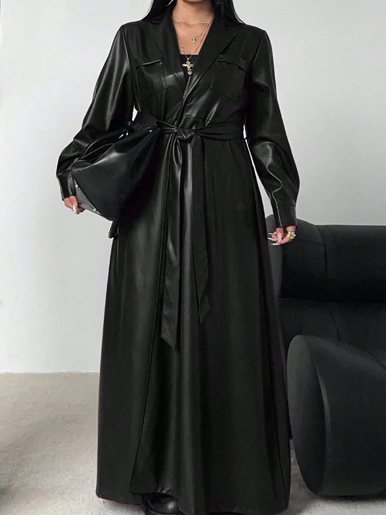 Black Casual Women's Loose Single-Breasted Stand Collar Trench Coat